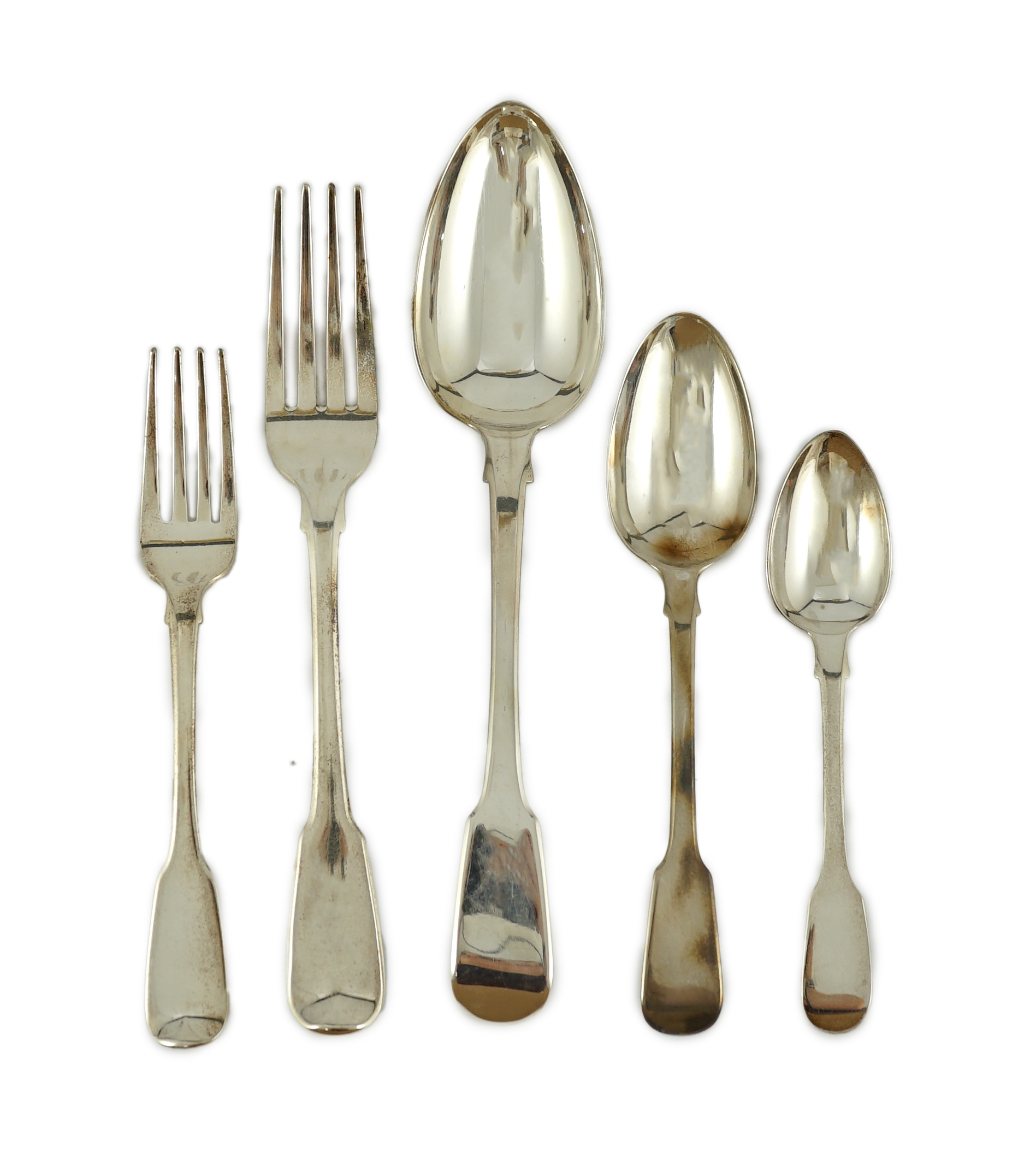 A matched canteen of early 19th century silver fiddle pattern flatware for twelve